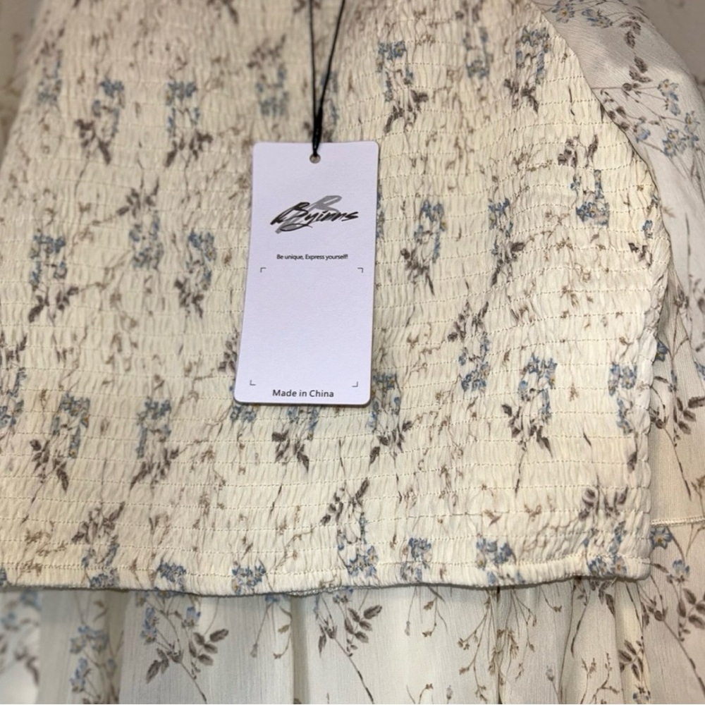 Womens White Blue Floral 2-Piece Set Off Shoulder Top + Skirt Cottagecore Boho S - Picture 5 of 12